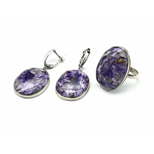 Комплект бижутерии Радуга Камня: серьги, кольцо, кахолонг, размер кольца 18, белый, фиолетовый