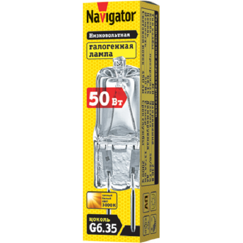 Лампа галогенная Navigator 94 214 JCD, прозрачная, 50 Вт, G6.35, теплый свет 3000К, упаковка 20 штук