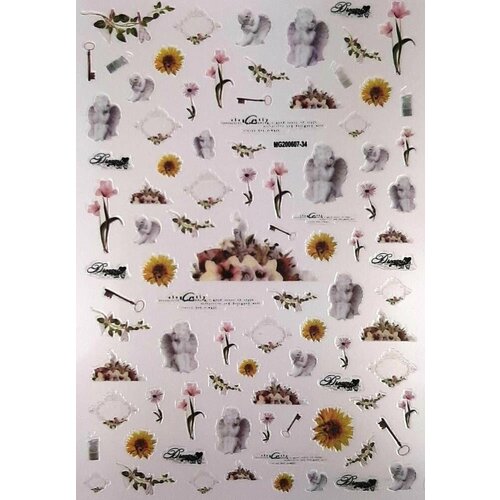 Наклейки для дизайна ногтей - фарфоровый ангел, цветы, 1 упаковка