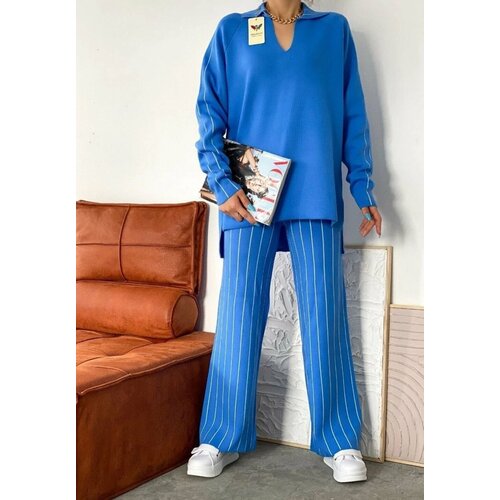 Костюм, джемпер и брюки, классический стиль, свободный силуэт, трикотажный, размер 42-48, голубой
