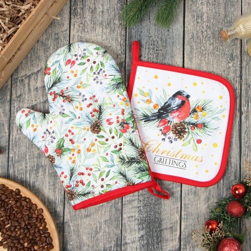 Кухонный набор Сhristmas greetings варежка-прихватка 20х28см прихватка 19х19см 100 хл 666₽