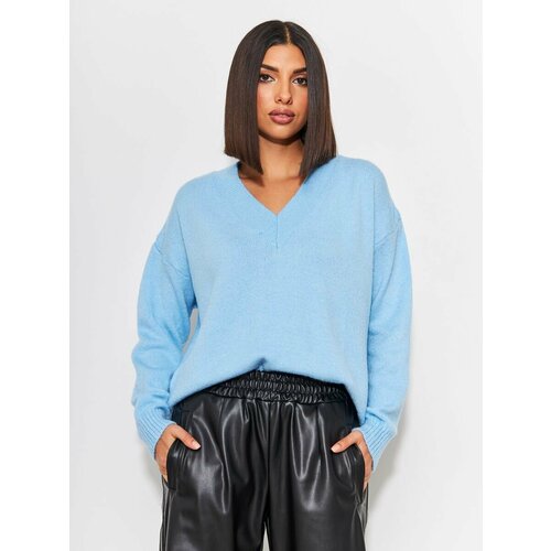 Джемпер, длинный рукав, оверсайз, вязаный, размер onesize, голубой