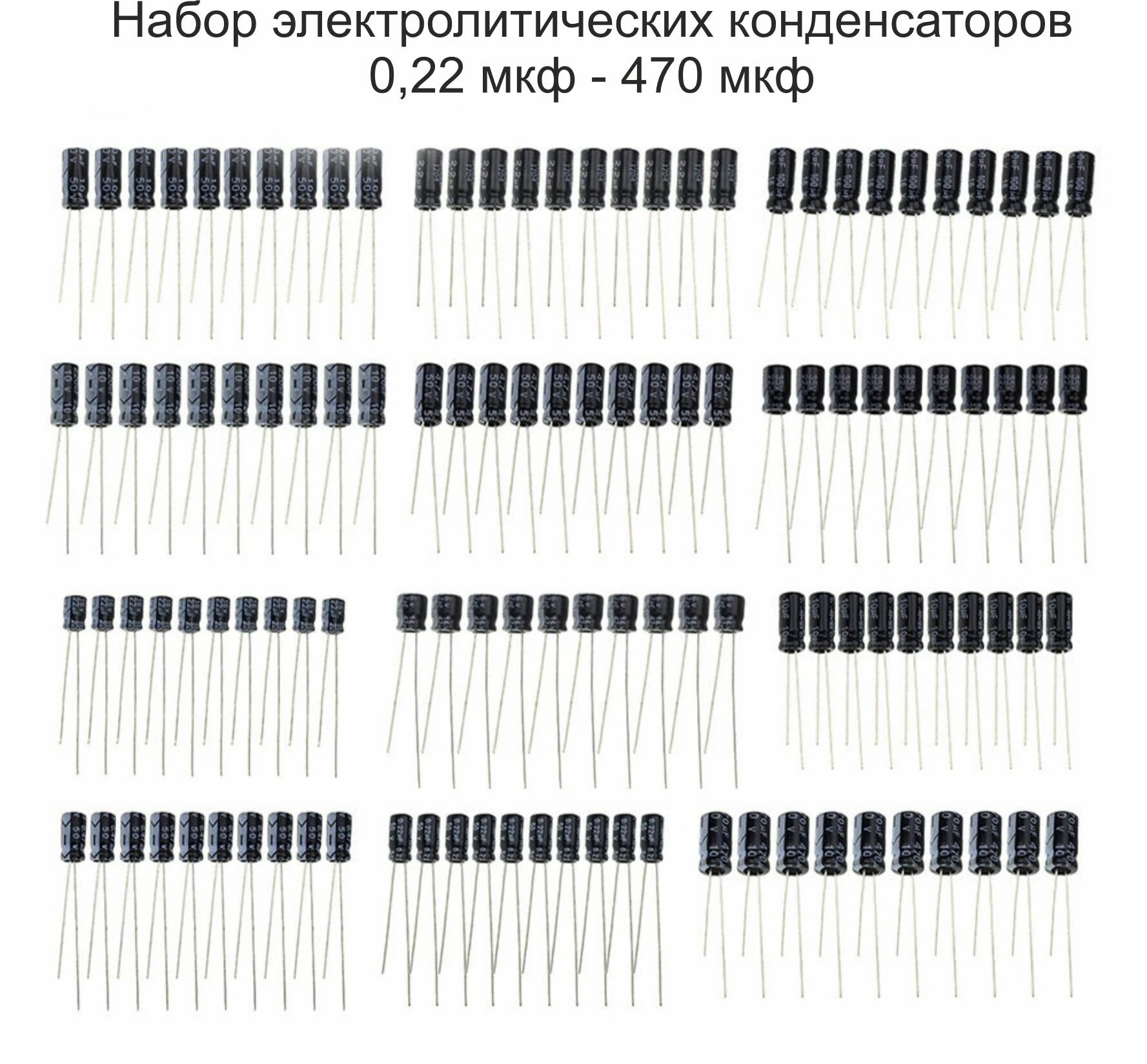 Набор алюминиевых электролитических конденсаторов 120 шт 12 значения по 10 шт: 0,22 мкФ 0,47 мкФ 1 мкФ 2,2 мкФ 4,7 мкФ 10 мкФ 22 мкФ 33 мкФ 47 мкФ 100 мкФ 220 мкФ 470 мкФ (У)