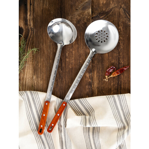 Шумовка плоская из нержавеющей стали для казана с деревянной ручкой / Половник 