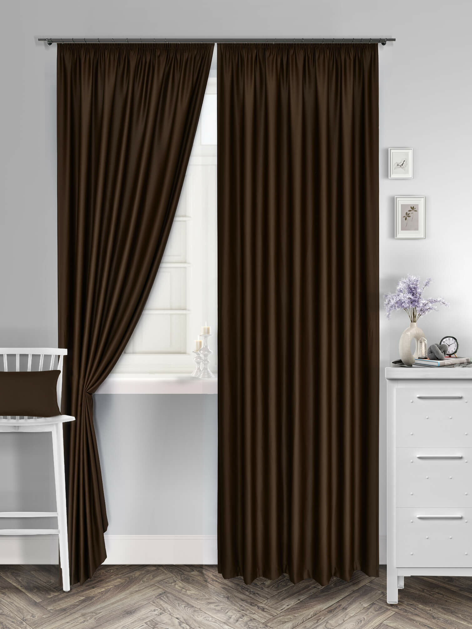 Комплект штор для комнаты Блэкаут однотонный матовый Shtoraland, 250x400 см (250x200 см - 2 шт), на ленте для крючков, две портьеры, шоколадный цвет