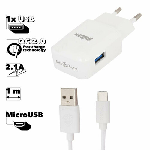 Блок питания (сетевой адаптер) inkax CD-24 Chic 1хUSB QC 2.0 2.1А с кабелем MicroUSB 1м (белый)