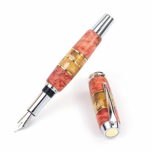 Перьева ручка из капа березы с натуральным янтарем в хромированном корпусе