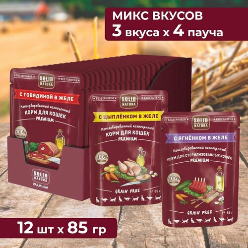 Влажный корм для кошек Solid Natura Premium, набор из 3 вкусов, пауч, упаковка 12 шт х 85 г solid natura premium кусочки в желе с говядиной влажный корм для кошек пауч 0 085 кг 2 шт