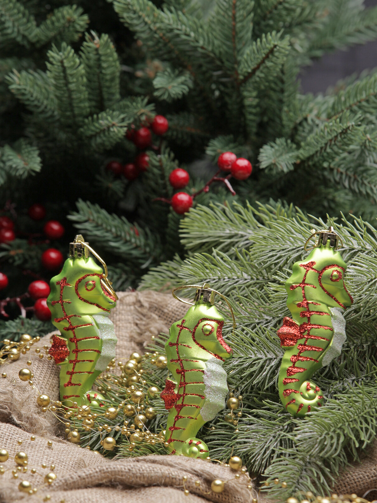 Рождественские декорации Морской конёк, 3 шт. в наборе, 10 см, зеленый, China Dans, артикул S-30102, green