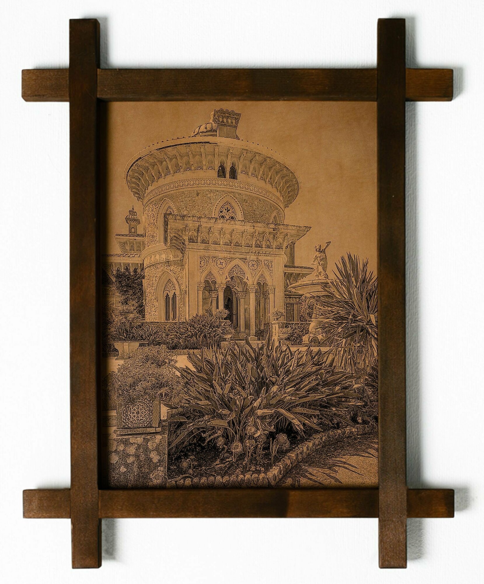 Картина Дворец Монсеррат, Португалия, гравировка на натуральной коже, в деревянной раме, подарок, BoomGift