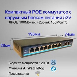 Коммутатор YDA POE(свитч) 8POE+2Uplink,100 Мбит/с, WatchDog+VLAN, Бюджет 120 Ватт,наружный БП, switch IC REALTEK