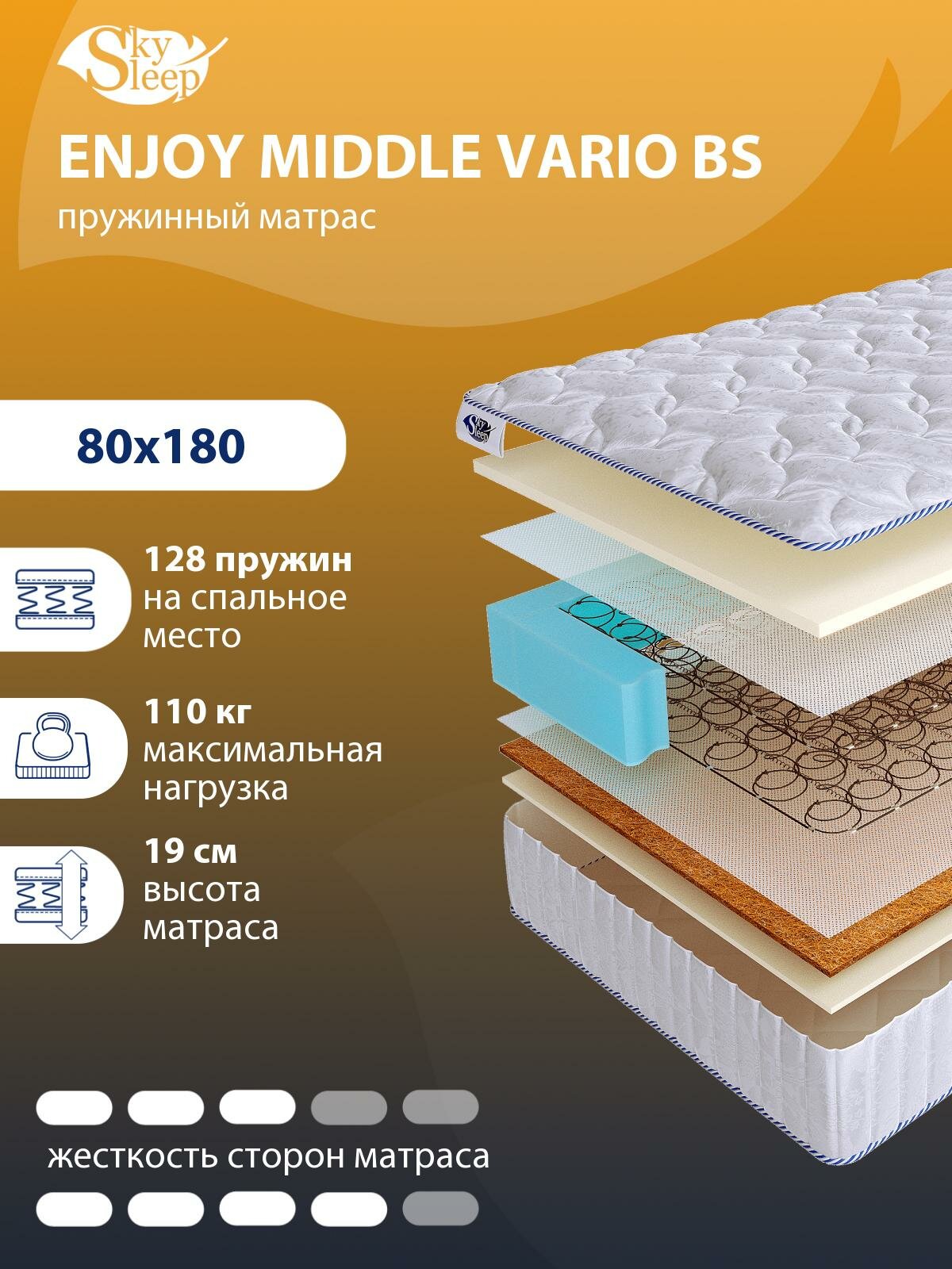 Ортопедический матрас SkySleep с зависимыми пружинами ENJOY MIDDLE VARIO BS на кровать 80x180