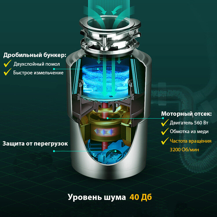 Измельчитель бытовых отходов кухонный RAUTT, RW-560, электрический, встраиваемый измельчитель пищевых отходов - фотография № 9