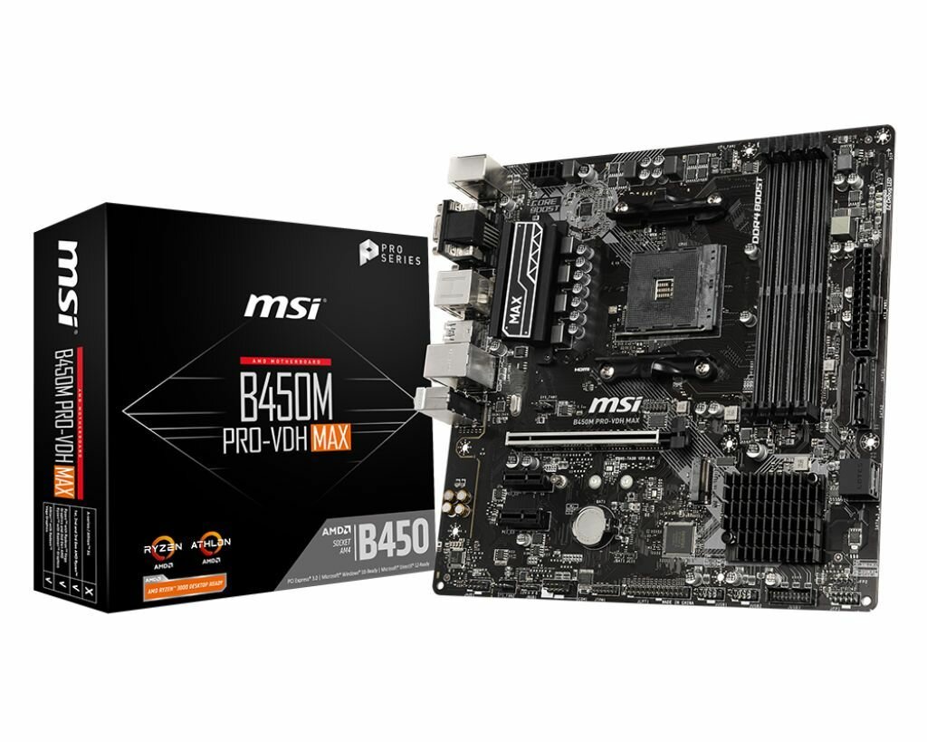 Материнская плата MSI B450M PRO-VDH MAX (SocketAM4, AMD B450, mATX,4DDR4, M.2, PCI-E16,2PCI-E, VGA, DVI, HDMI, PC2667)