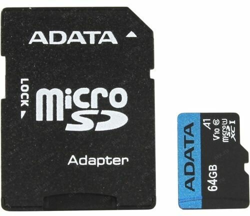 Карта памяти microSDXC UHS-I U1 A-Data Premier Pro 64 ГБ, 85 МБ/с, 10X, Class 10, AUSDX64GUICL10A1-RA1, 1 шт, переходник SD