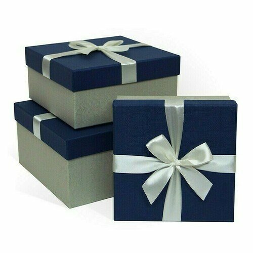 Коробка подарочная с бантом тиснение Рогожка 210x170x110 мм синий-серый