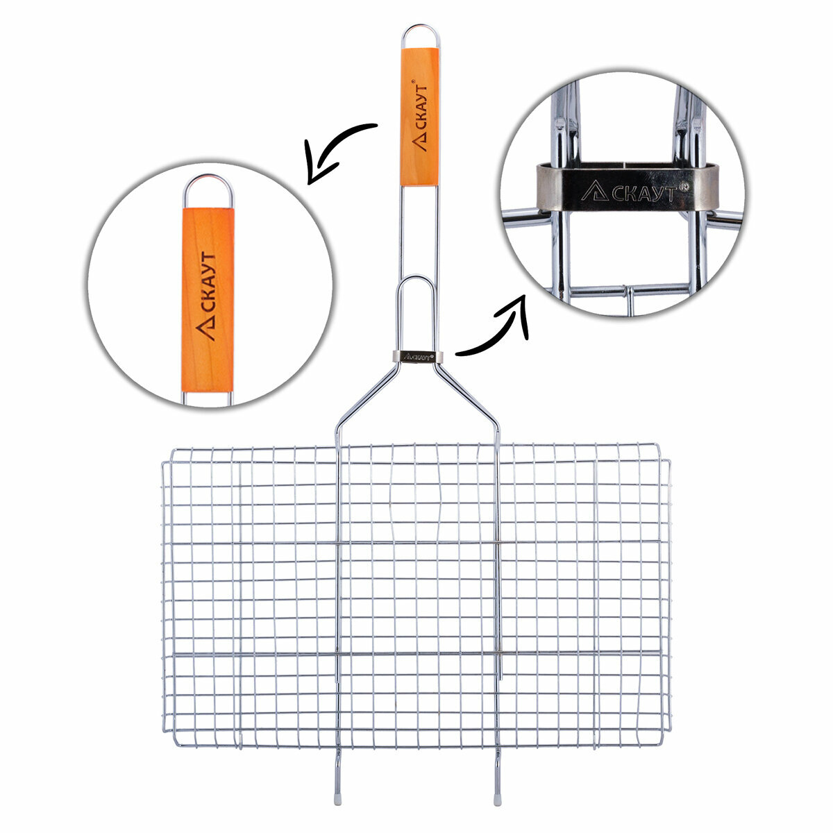 Решетка для гриля 44х27х3 см. из хромированной стали скаут СК-0717 с деревянными ручками - фотография № 2
