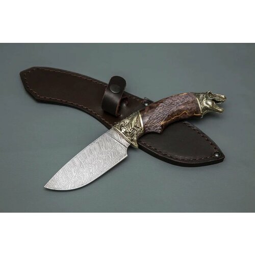 фото Нож из дамасской стали «разделочный», литье мельхиор «динозавр», рукоять стабилизированная карельская береза - кузница сёмина кузница сёмина юрия михайловича