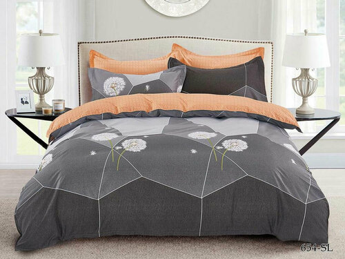 Комплект постельного белья из сатина 654-SL Cleo (серый-оранжевый), 1,5 спальный (наволочки 70x70)