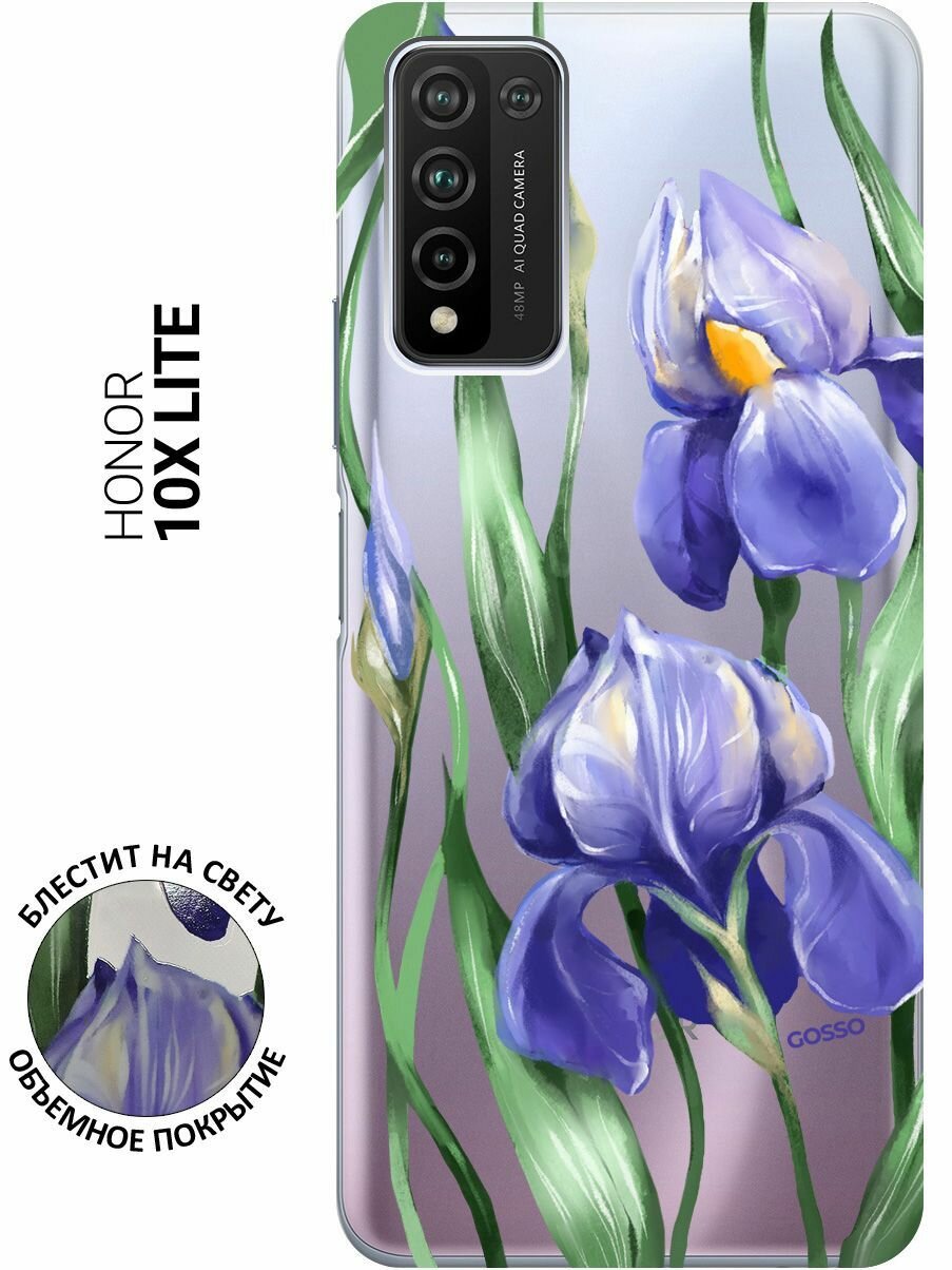 Силиконовый чехол на Honor 10x Lite, Хонор 10Х Лайт с 3D принтом "Amazing Irises" прозрачный