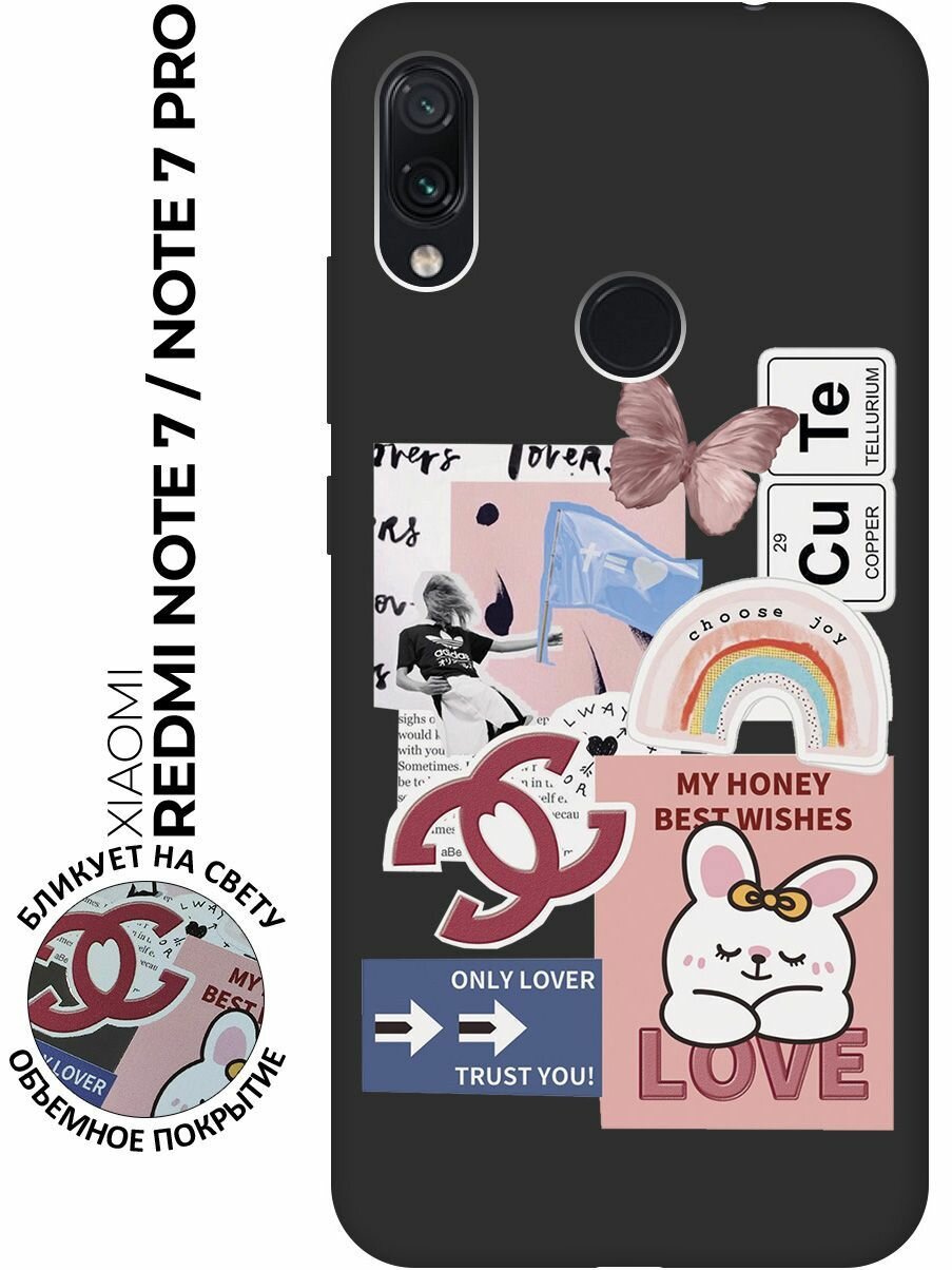 Матовый чехол Cute Stickers для Xiaomi Redmi Note 7 / Note 7 Pro / Сяоми Редми Ноут 7 / Ноут 7 Про с 3D эффектом черный
