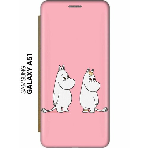 Чехол-книжка на Samsung Galaxy A51, Самсунг А51 c принтом Муми-тролли на розовом золотистый чехол книжка на samsung galaxy s20 самсунг с20 плюс c принтом муми тролли на розовом золотистый