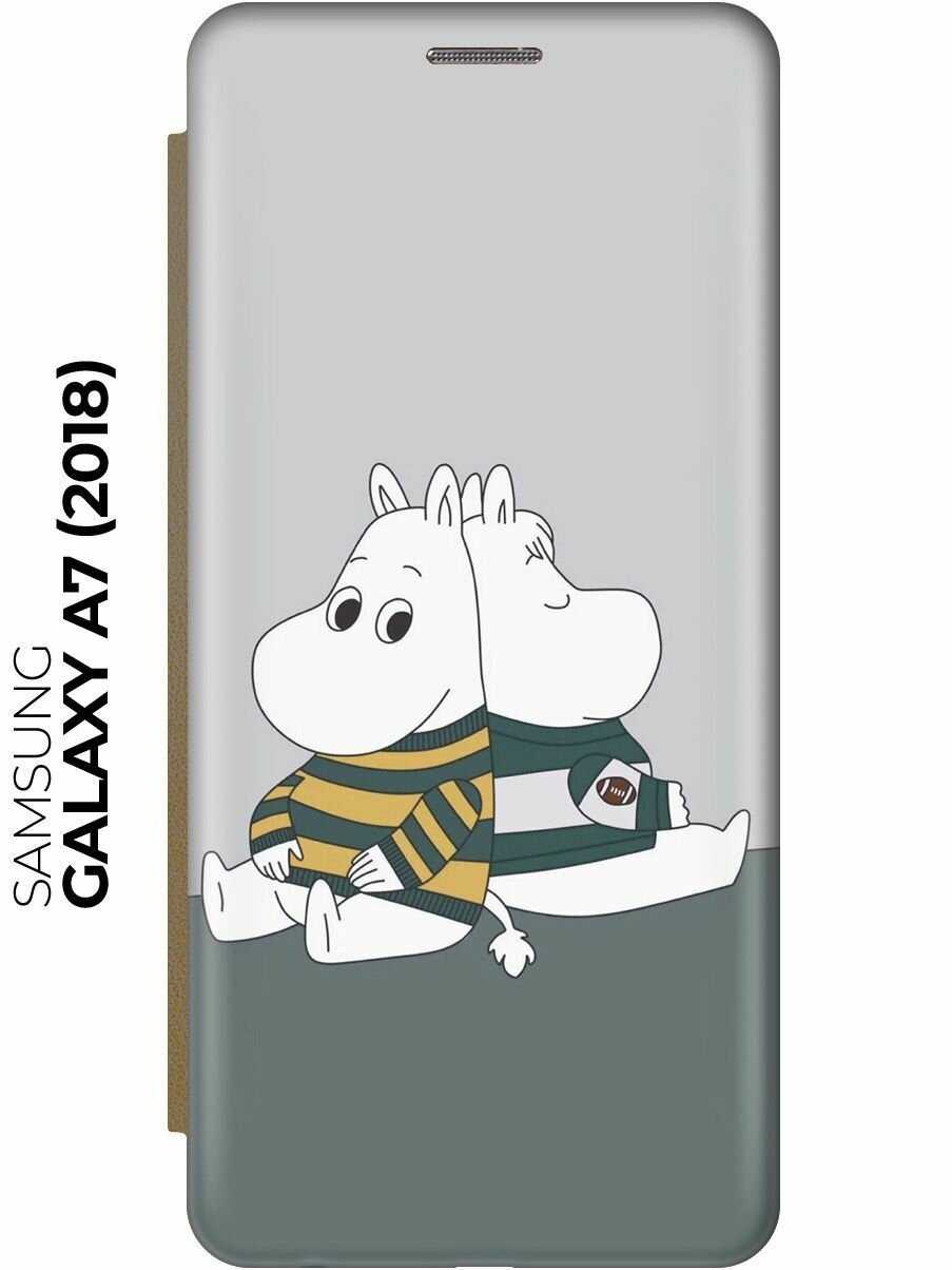 Чехол-книжка Муми-тролли на Samsung Galaxy A7 (2018) / Самсунг А7 2018 золотой