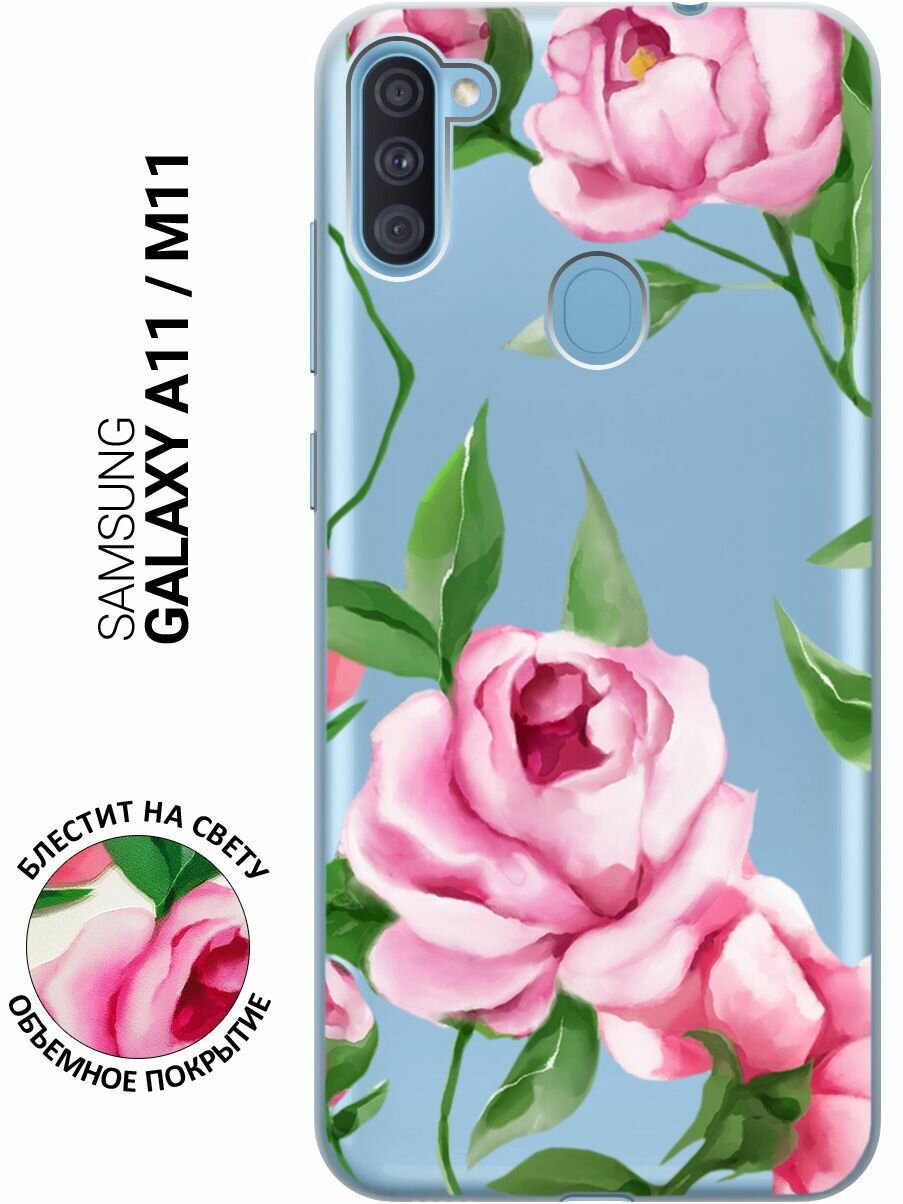 Силиконовый чехол на Samsung Galaxy A11, M11, Самсунг А11, М11 с 3D принтом "Amazing Peonies" прозрачный