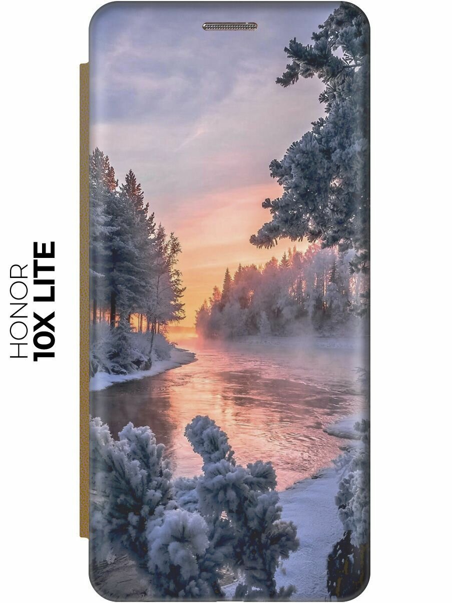 Чехол-книжка Река в заснеженном лесу на Honor 10x Lite / Хонор 10Х Лайт золотой