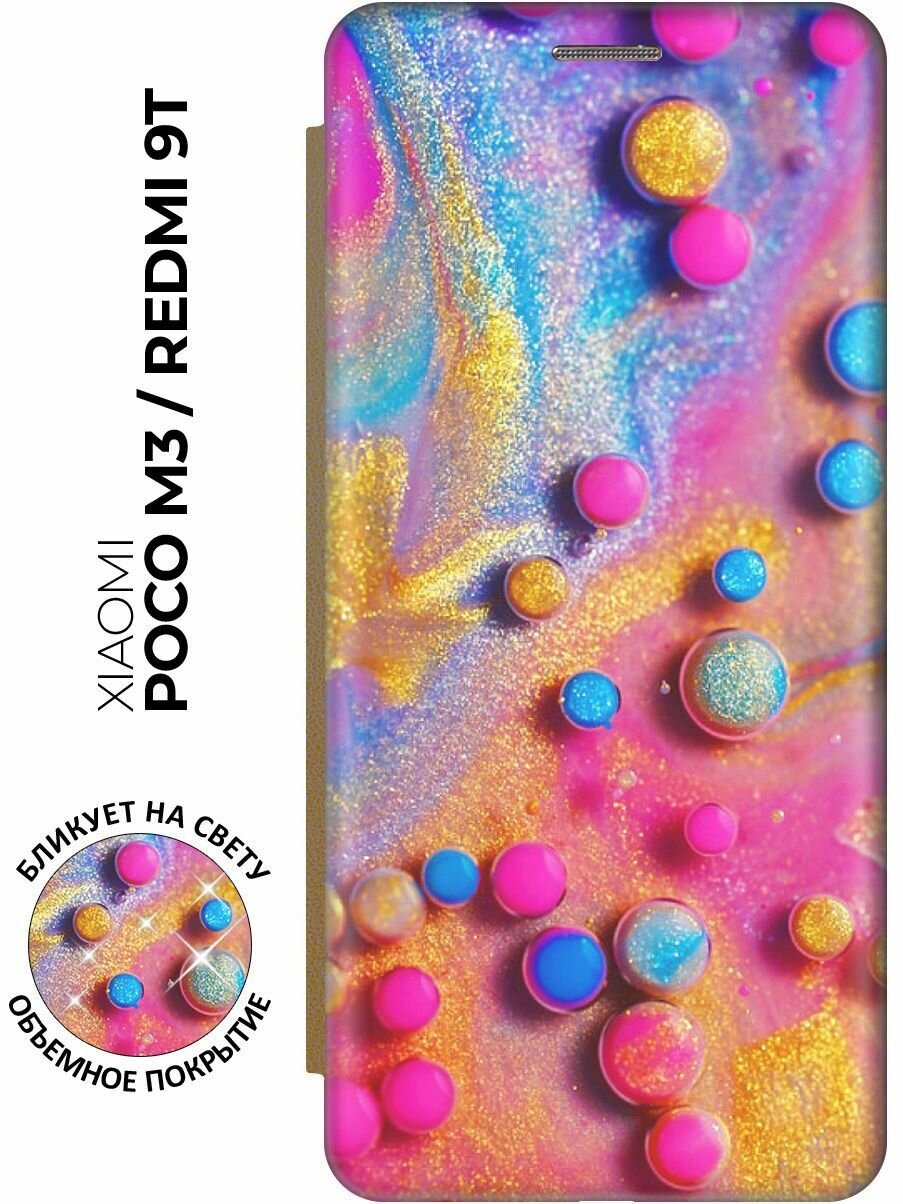 Чехол-книжка Разноцветные капли красок на Xiaomi Redmi 9T / Poco M3 / Сяоми Поко М3 / Сяоми Редми 9Т с эффектом блика золотой