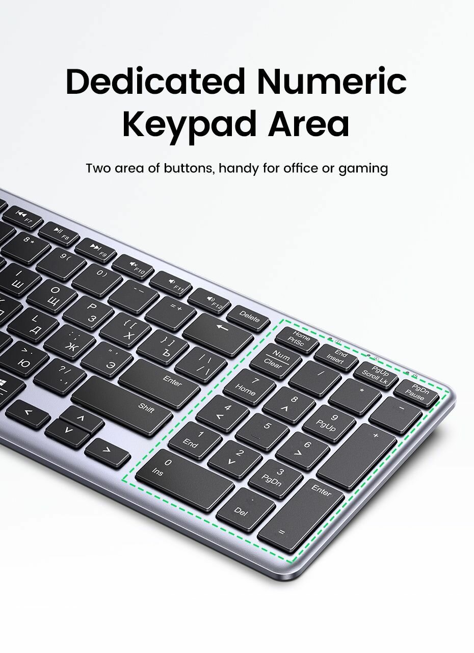 Клавиатура беспроводная UGREEN KU005 (15956) 24GHz Bluetooth 50 Ultra Slim Wireless Keyboard Цвет: серебристый