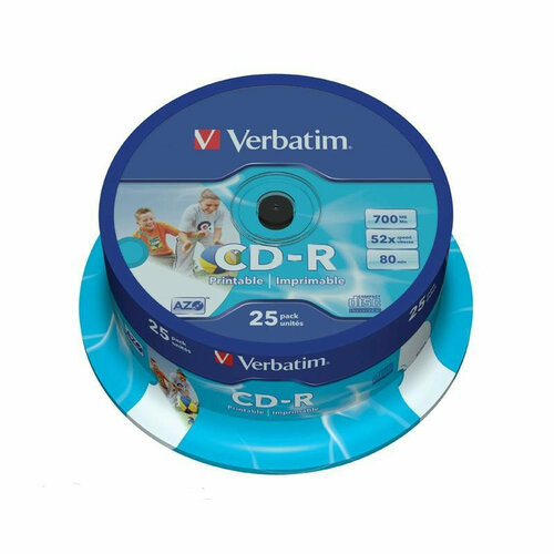 носители информации cd r 52x intro shrink 25 б0016205 Комплект 5 упаковок, Носители информации CD-R Printable, 52x, Verbatim Azo Wide, Cake/25, 43439