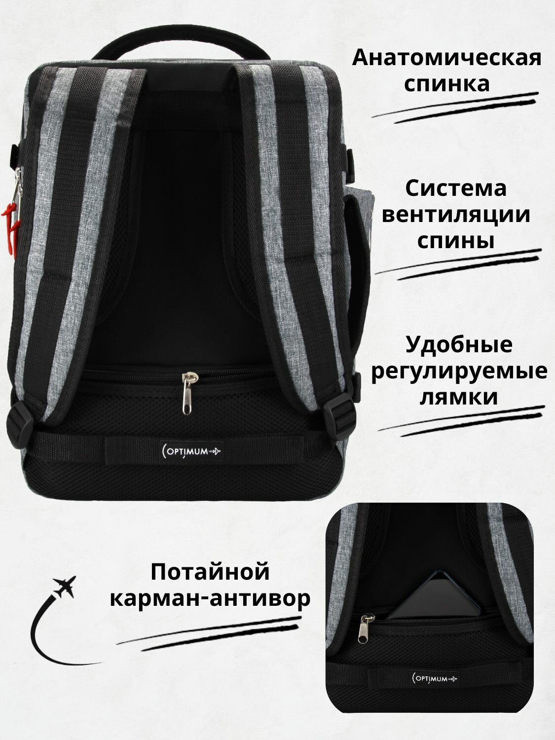 Рюкзак сумка дорожная чемодан ручная кладь 40х30х20 в самолет, серый - фотография № 3