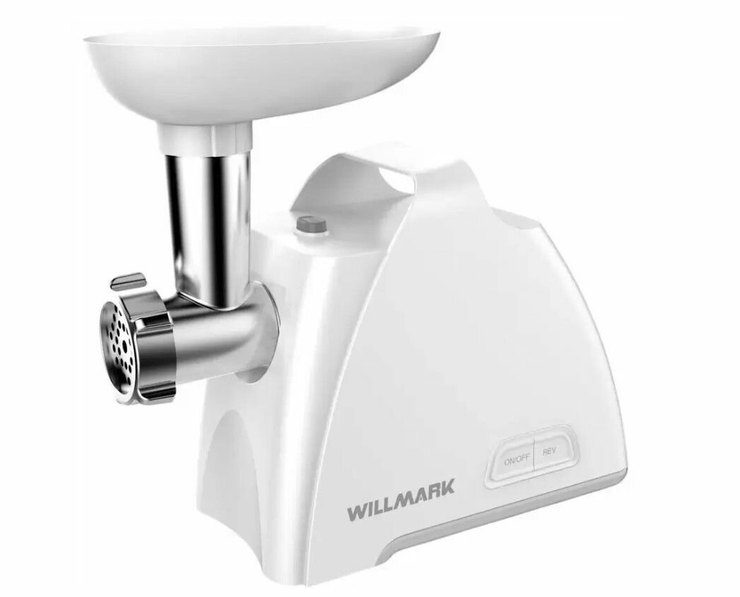Мясорубка электрическая WILLMARK WMG-2083W, 2 кг/мин, 2200 Вт, реверс, самозатачивающийся нож, 4 насадки, белый