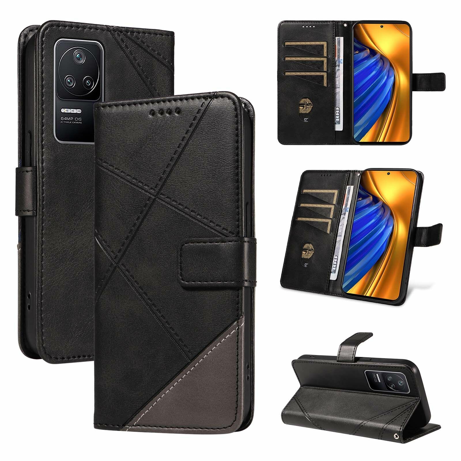 YIKATU Чехол книжка для Xiaomi Poco F4/Redmi K40S / Сяоми Поко Ф4/Редми K40S кожаный черный с магнитной застежкой, flip чехол с функцией подставки, С вытяжным шнуром