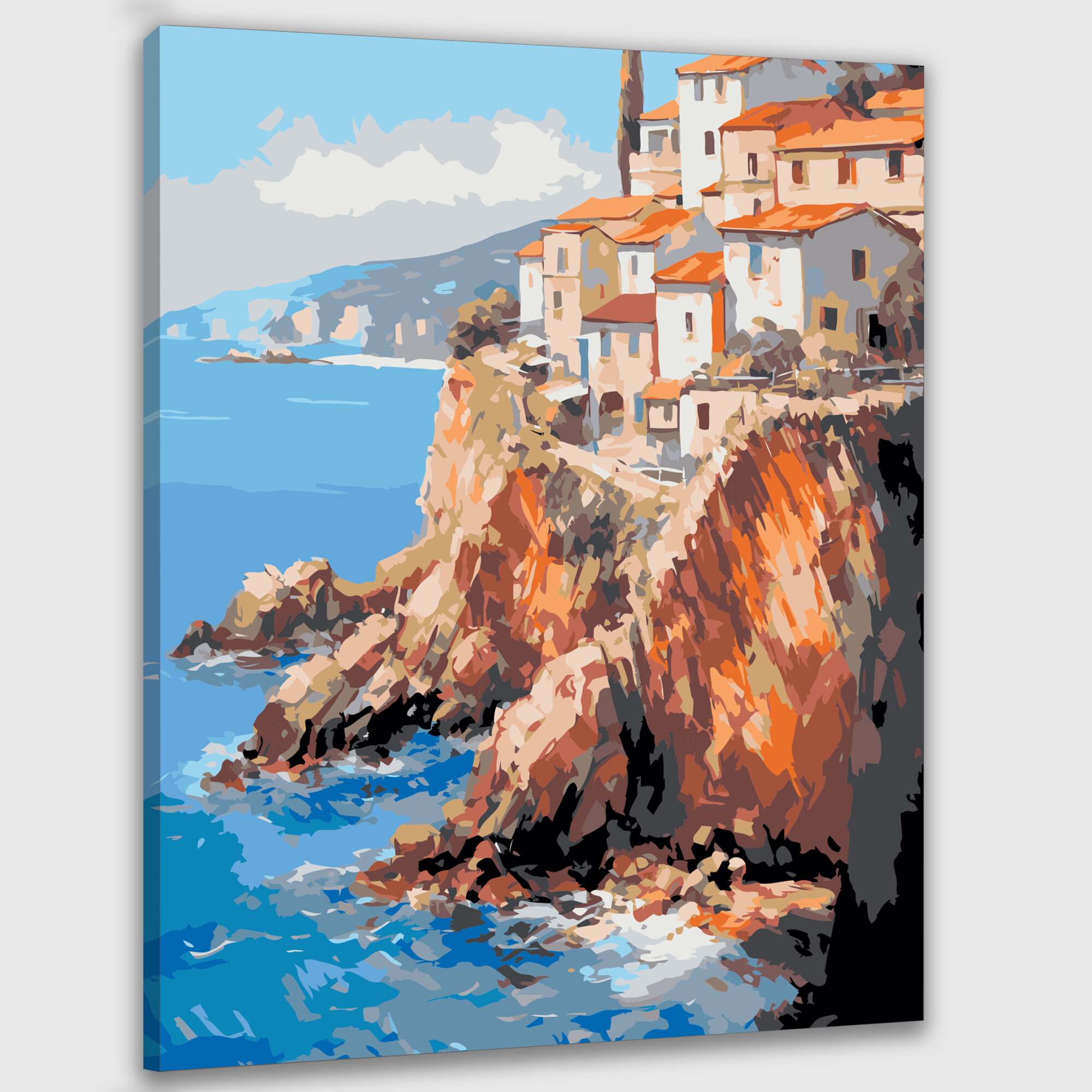 Картина по номерам 40x50 см, картина, масло, прибрежная деревушка, утес, море, дома, землистые тона, черепичные крыши