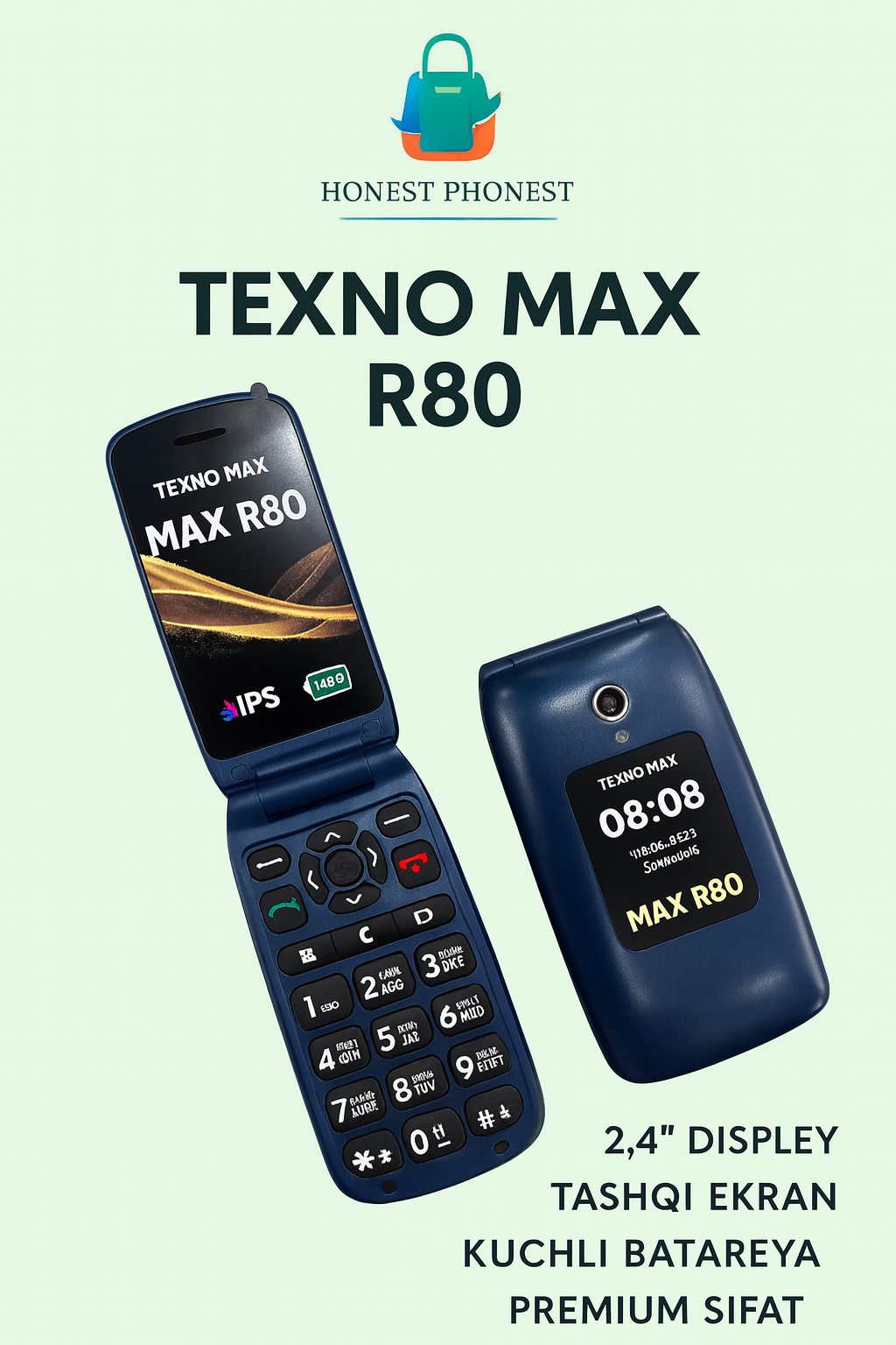 Texno Max R80 — Кнопочный телефон, от магазина Honest Phonest, синий