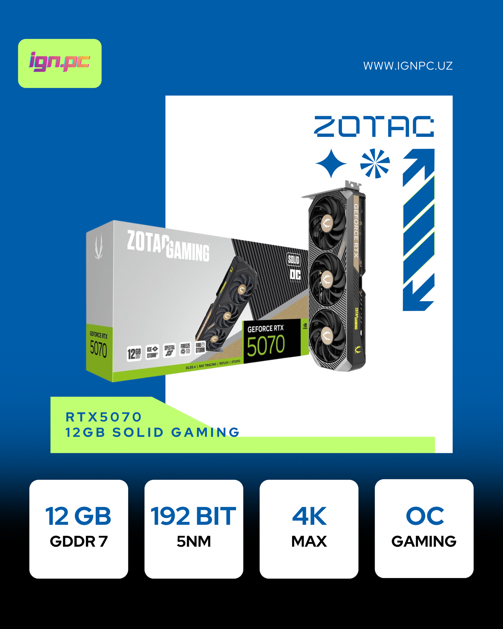 Zotac - 12GB GeForce RTX5070 GAMING GDDR7 192bit HDMI 3-DP (ZT-B50700D-10P)
