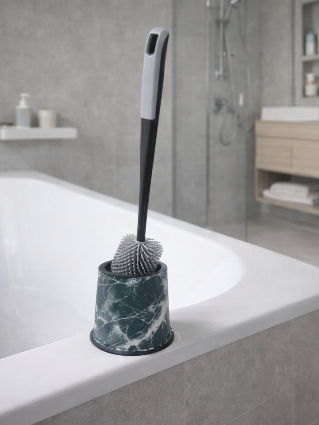 Современный туалетный ёршик с подставкой гигиеничен, прочен и идеально подходит к интерьеру ванной комнаты.