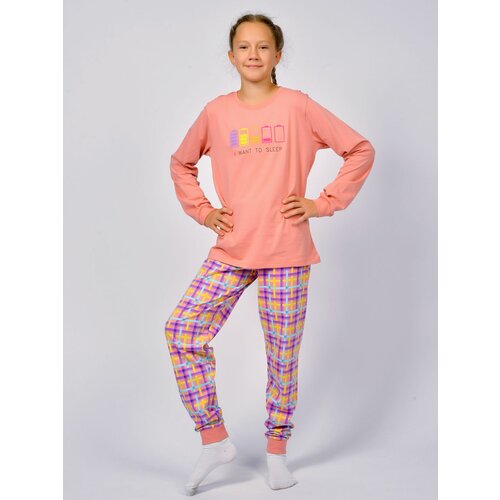 Пижама Let's Go, лонгслив, брюки, брюки с манжетами, рукава с манжетами, размер 140, розовый