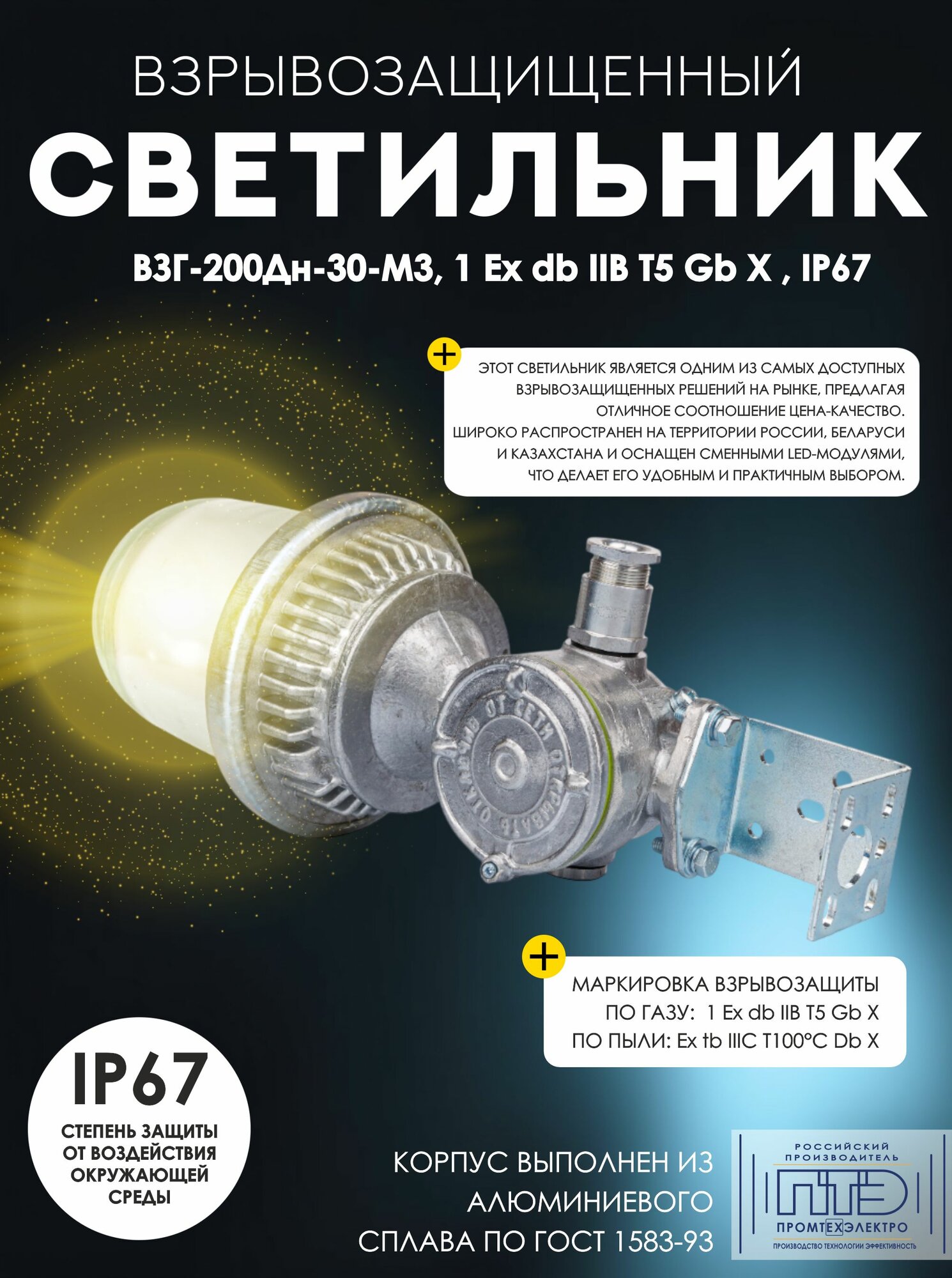 Светильник взрывозащищенный светодиодный неокрашенный ВЗГ-200Дн-30-М3