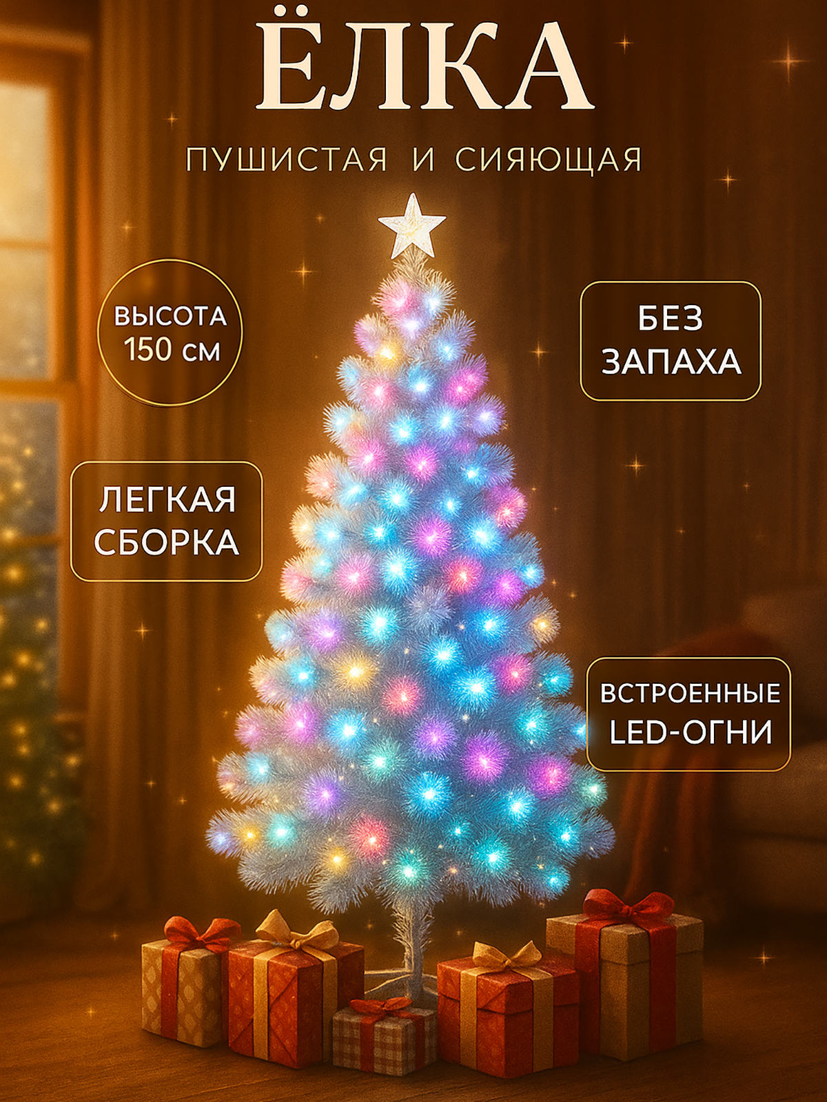 Елка светодиодная, елка новогодняя светящаяся, ель искусственная, с подсветкой, встроенная гирлянда, 150 см, белая