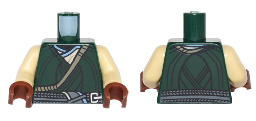 Torso Wrapped Vest over Tan and Medium Blue Shirt, Dark Bluish Gray Tied Belt Pattern / Tan Arms / Reddish Brown Hands, 973pb2443c01 Dark Green U