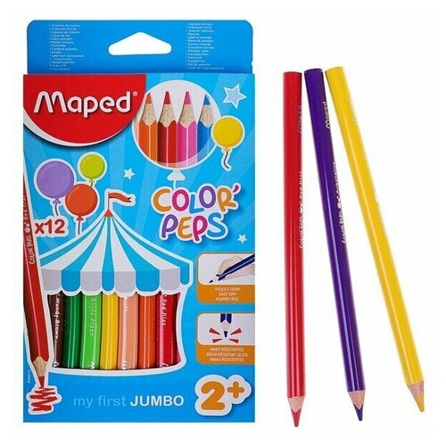 Карандаши трёхгранные, 12 цветов, Maped Color Peps Maxi, утолщённые, европодвес