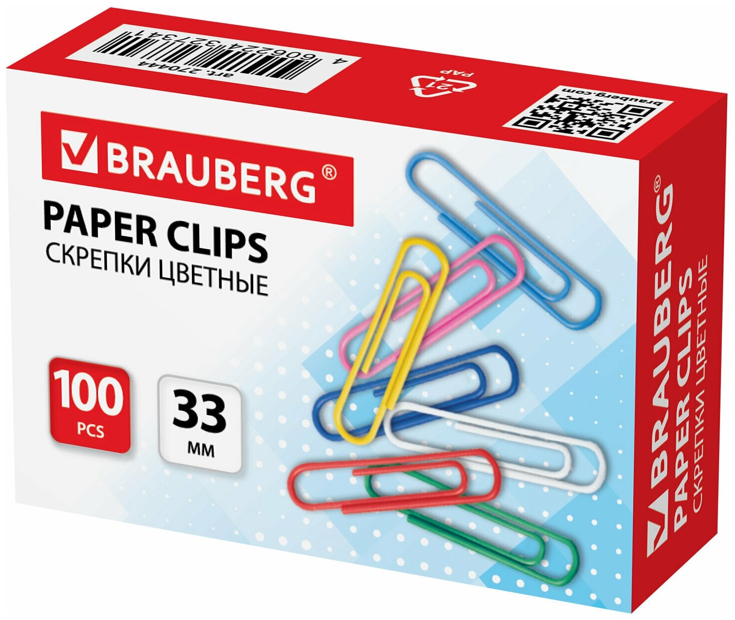 Скрепки BRAUBERG, 33 мм, цветные, 100 шт, в картонной коробке, 270444