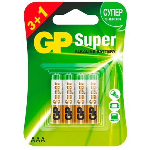 Батарейки комплект 4 шт, GP Super, AAA (LR03,24А), алкалиновые, мизинчиковые, промо 3+1, 24A3/1-2CR4