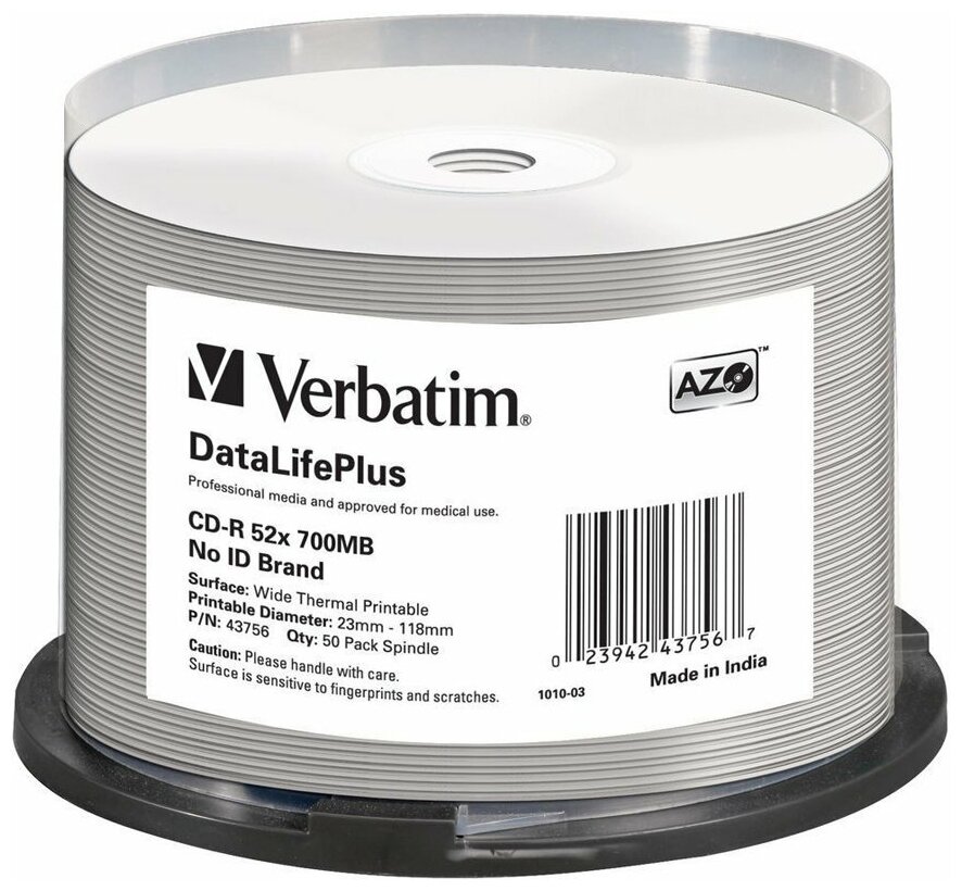 Диск CD-R Verbatim 700Mb 52x DataLife+ Cake Box Thermal Printable (50шт) (43756)