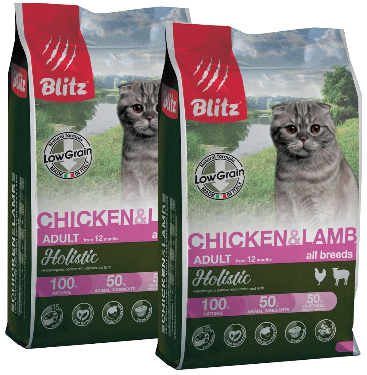 BLITZ HOLISTIC LOW-GRAIN ADULT CAT CHICKEN & LAMB низкозерновой для взрослых кошек всех пород с курицей и ягненком (0,4 + 0,4 кг)