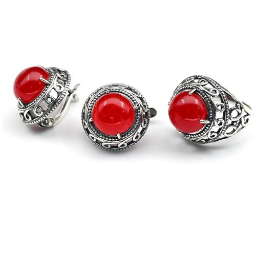 Комплект бижутерии: серьги, кольцо, корунд, размер кольца 19, красный