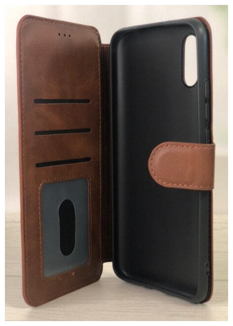 Чехол книжка для Xiaomi Redmi 9A кожаный коричневый с магнитной застежкой / flip чехол с функцией подставки